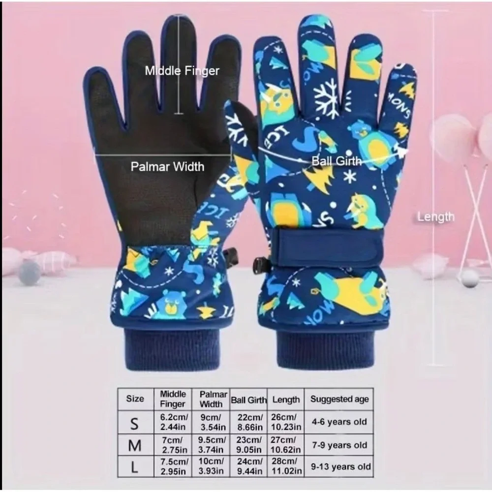 Kids Winter Snowboarding Ski Gloves 9-13 YO‎ Gray Animals Snow Insulated Warm
